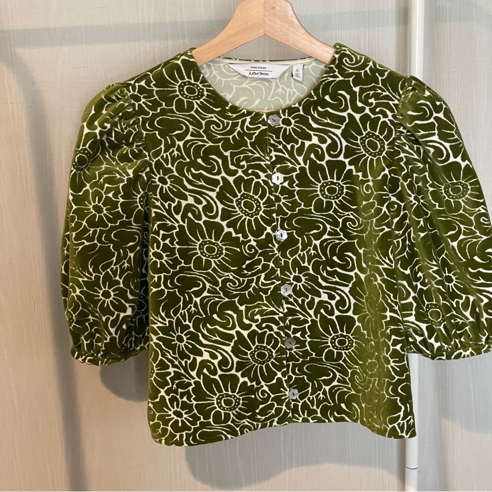 & Other Stories Green Velvet Floral Jacquard Top